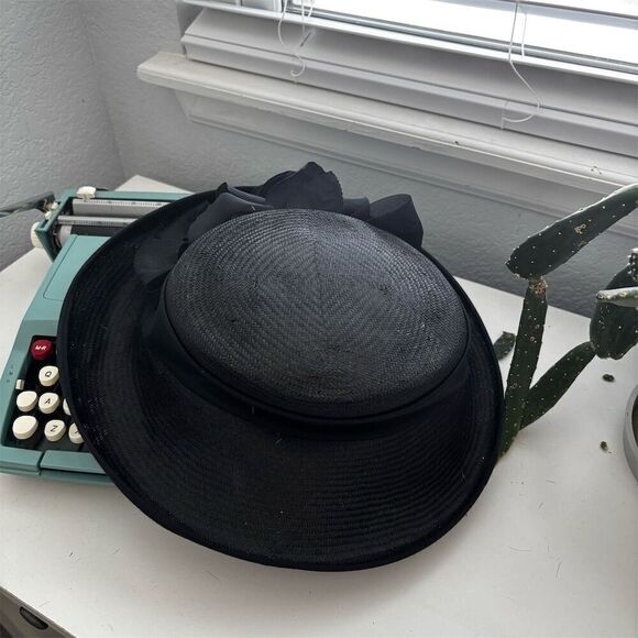 Vintage Women's Black Hat Floral Rosette Elegant Formal Spring - Picture 4 of 6